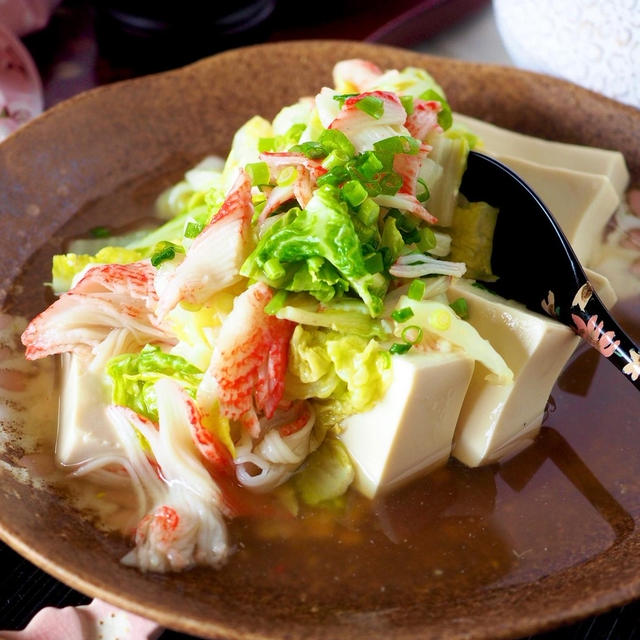 【レンジであったか豆腐】とろ〜り白菜とカニかまのとろみ餡かけ豆腐