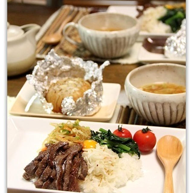 お野菜たっぷりビビンバ丼&新たまねぎのオーブン焼き