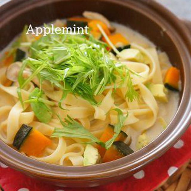 ◆即席スープで簡単時短◆かぼちゃとアボカドのスープパスタランチ