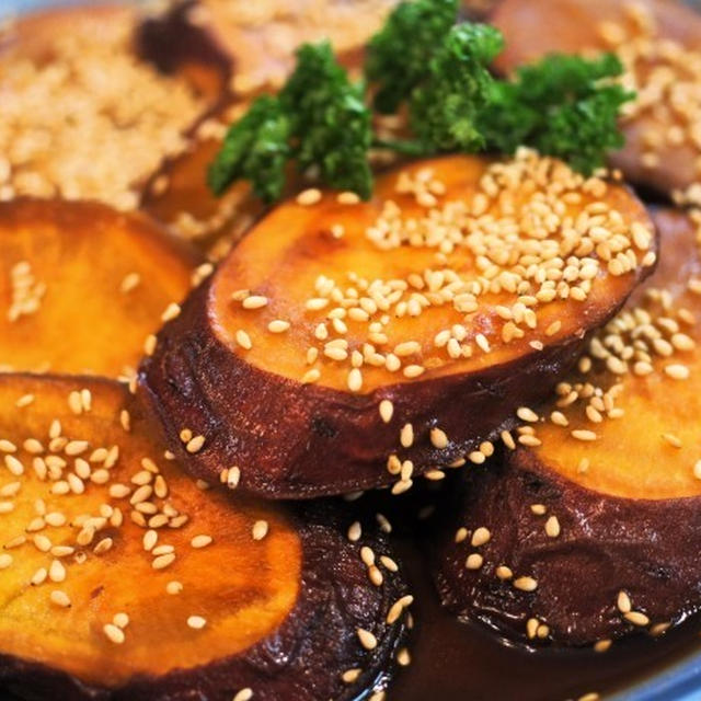 ■スイーツ他【薩摩芋の揚げ焼き甘辛煮】／スキレットで鱈と空豆のチーズ焼き