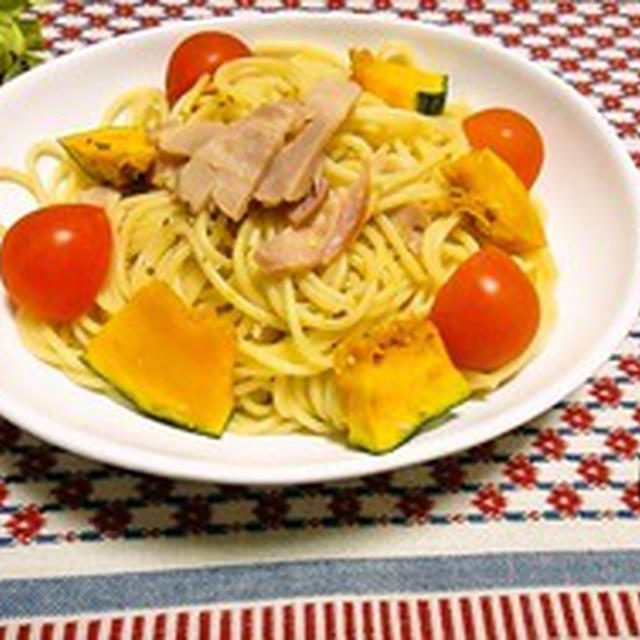 買い置き食材でつくる早ゆでパスタ「焼豚とかぼちゃの麺つゆマスタードパスタ」を作りました！