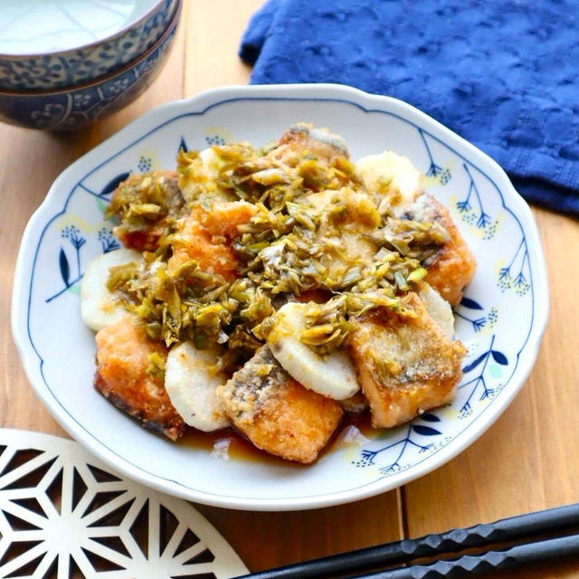 カリっとほくほく♪鮭と長芋揚げのネギソース