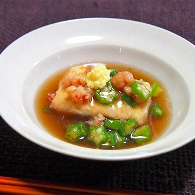 揚げ出し風豆腐えびとおくらのあんかけ　　揚げずに焼いて簡単に・・・