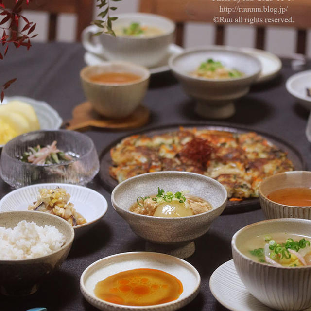 【献立】チヂミと、かぶのそぼろあんかけと、茄子のネギだれなど。～製菓用米粉で作るチヂミがバリとろでうまし！～