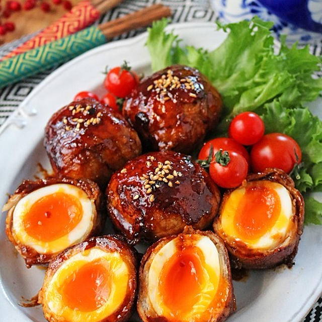 韓国風とろ～り半熟卵の甘辛豚肉巻き