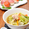 １人野菜１５０ｇの中華風スープ。と、酢飯（調整中）で手まり寿司の晩ご飯。