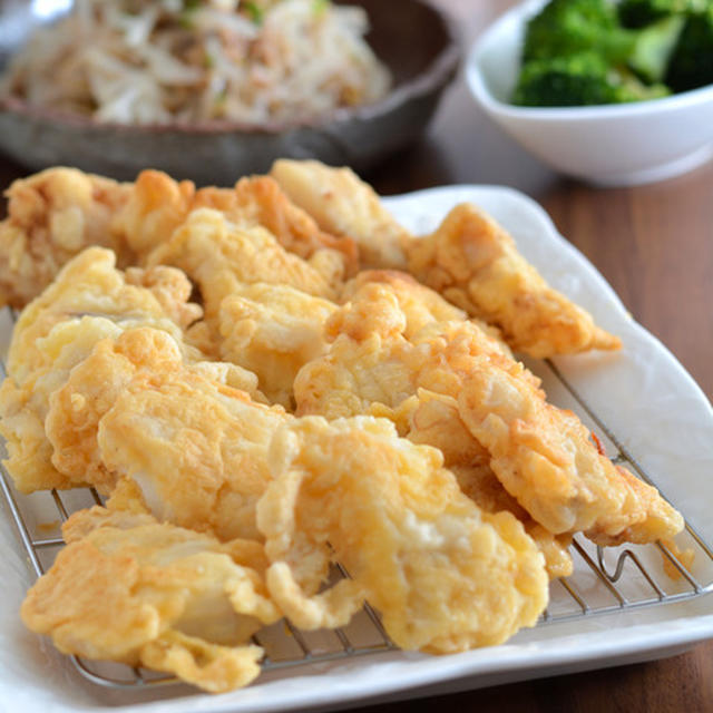 タラの米粉衣揚げ。そぼろ和えもやし。のごはんの日。【工程順のプロセスカット】