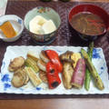 【献立】ホタテと季節野菜のグリル、カボチャの煮物、冷奴、野菜スープ、玄米入りご飯