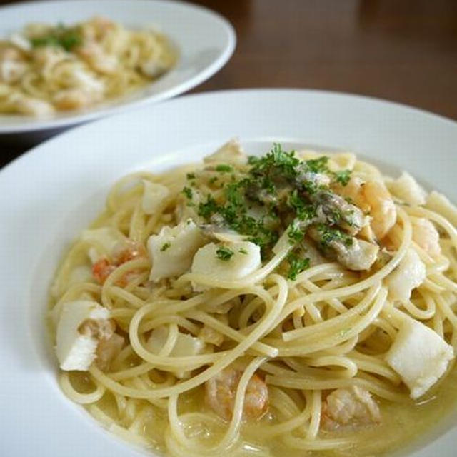 【掲載】くらしのアンテナ（レシピブログ）★シーフードミックスdeクリームソースパスタ♪