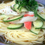 Cold Angel Hair Pasta Soup with Imitation Crab and Cucumber梅風味カニカマときゅうりのせ冷たいエンジェルヘアーパスタスープ