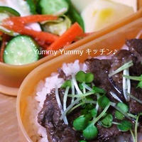 簡単☆野菜の塩ダレ和え＆生姜入り焼き肉のたれ漬け弁当～娘版♪