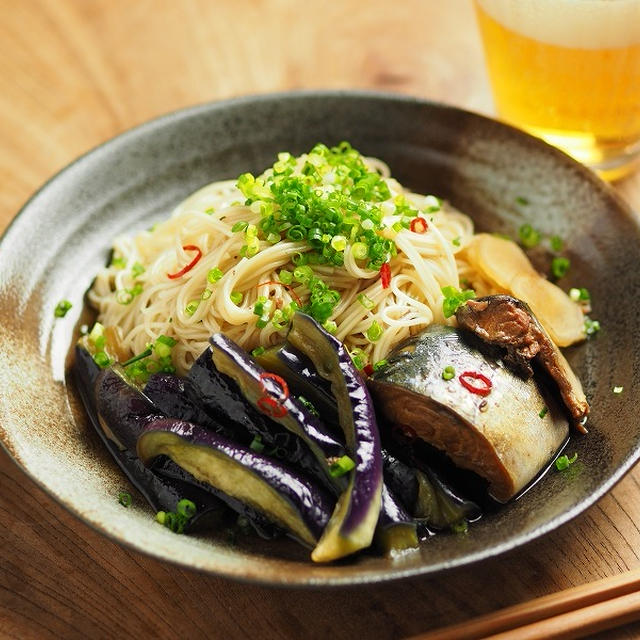 メシ通！茄子とサバ缶の煮魚そうめん