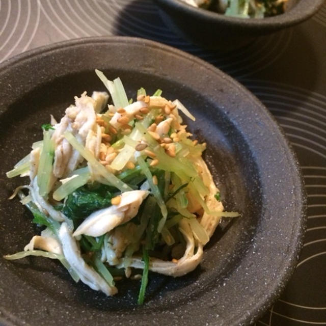 蒸し鶏水菜の麺つゆ和え