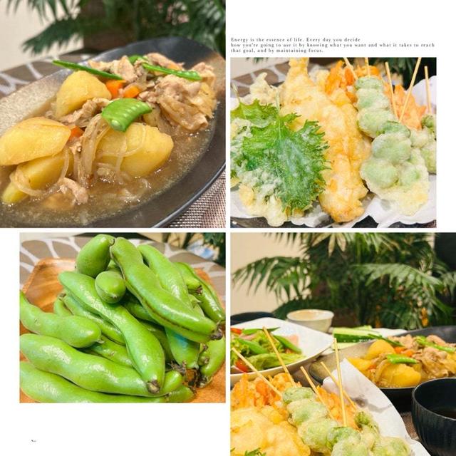 夕食の一品はいただき物の新玉ねぎ、新じゃがいもで肉じゃがです・・メインはそら豆などの天ぷら