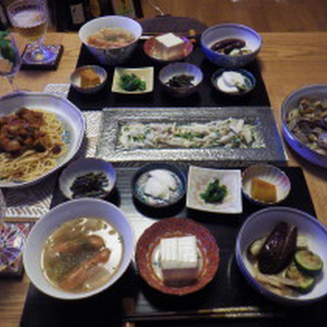 6/9の晩ごはん　あさりのワイン蒸しとラタトゥイユのパスタや焼き野菜のだしびたし＋αで