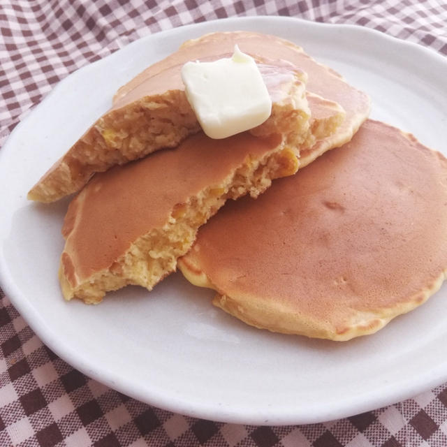 【旬のとうもろこしでパンケーキ】バターしょうゆで♪焼きとうもろこし風ホットケーキ