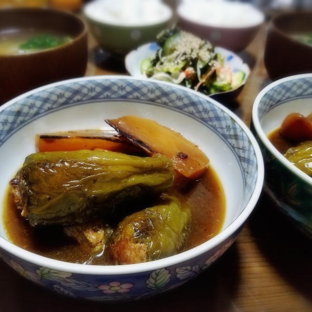 【家ごはん/献立】 ピーマン肉詰め 煮物と焼きの2日分 * 鯛せんべい