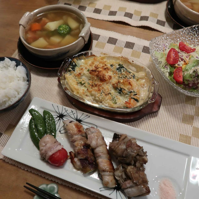 野菜の豚巻＆海老グラタンの晩ご飯　と　ヨウムの「ヨウスケ」お散歩♪