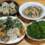近所で摘んできたイタドリ穂先と自家栽培ブロッコリーの天ぷら、カブの葉と豚肉の炒めものほか。