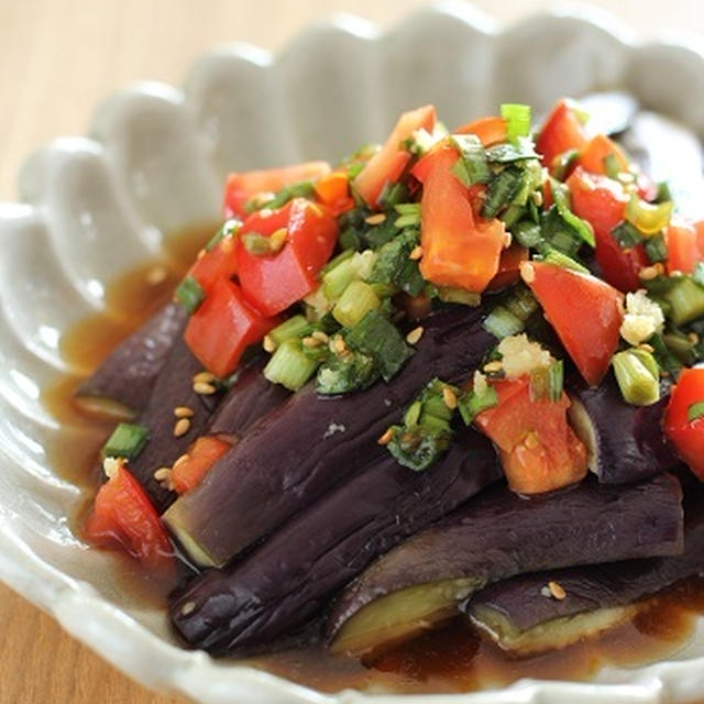 冷やし茄子のトマトにらだれ