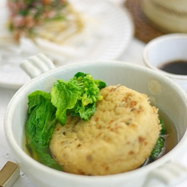 がんもどきと菜花の含め煮　まぐろタタキ身サラダ