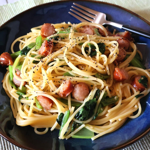 レンチンですぐできる！＊ウインナーと小松菜のパスタ＊