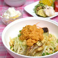 冷やしカレージュレうどん。鶏むね肉のコンフィ・前菜仕立ての晩ご飯。