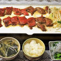 ■一人晩ご飯【焼肉／菜の花シラス／ワカメと葱のスープ】