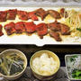 ■一人晩ご飯【焼肉／菜の花シラス／ワカメと葱のスープ】