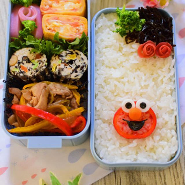 【キャラ弁】赤ピーマンのエルモ弁当