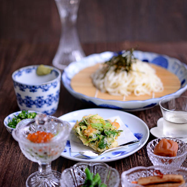 「稲庭うどんと帆立と三つ葉の掻揚げ」