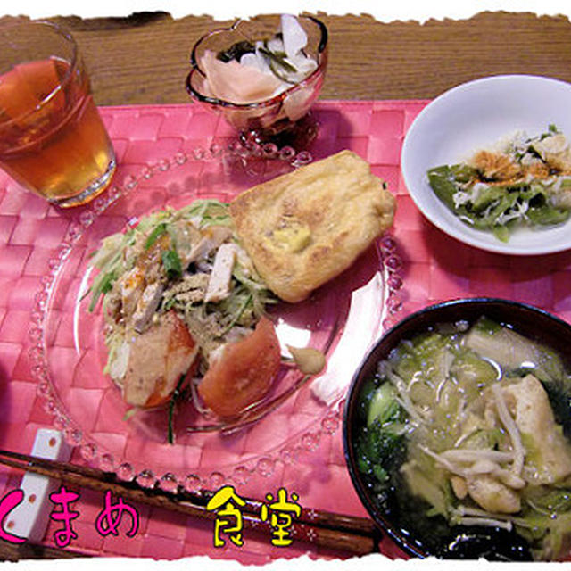 暑い日の「棒々鶏」＆納豆稲荷焼き＆ジャコとピーマンの当座煮の定食♪ババロアケーキつき