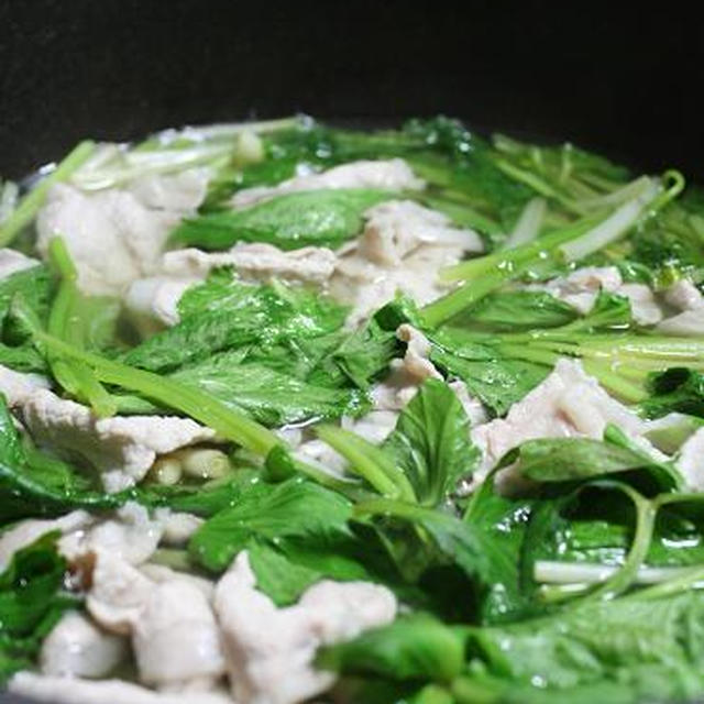根みつばと豚しゃぶ肉の卵とじ