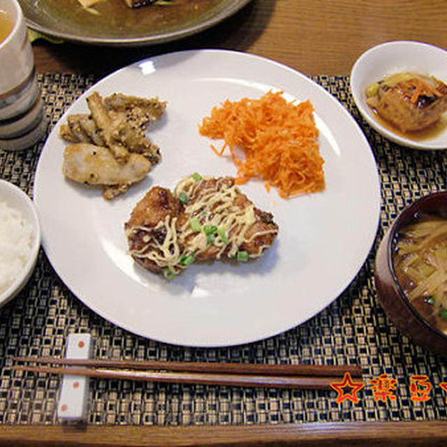 ☆もう一つのチキン南蛮＆揚げゴボウとレンコンの甘辛絡め＆座布団揚げの野菜あんかけ、ニンジンサラダの定食☆