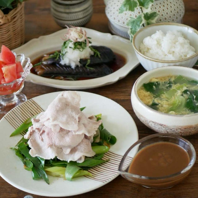 楽味で食べるナスの揚げ浸しと豚しゃぶ