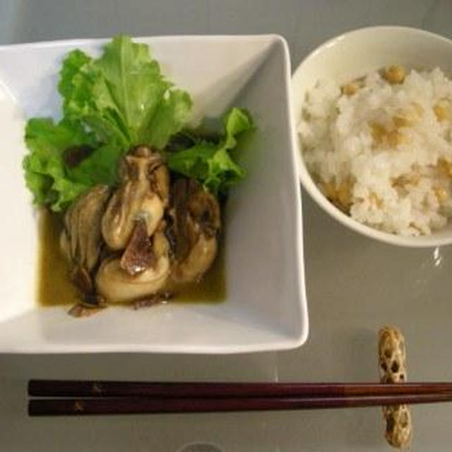 牡蠣のにんにく醤油炒めと豆ごはん