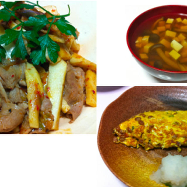 和風香味チキン、豚肉と山芋のキムチ炒め、舞茸ごはん　他