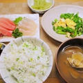 中トロ刺身、菜の花と卵の炒め物、ふきの煮物、芹ご飯、アサリの味噌汁