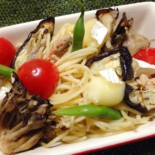 焼き茄子と焼き舞茸の和風パスタ