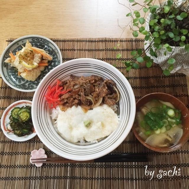 夕食☆とろろ牛丼　【作り置き】鱈のレモン黒酢玉ねぎマリネ　　金沢旅行記♡⑤　今日はタイヤの日