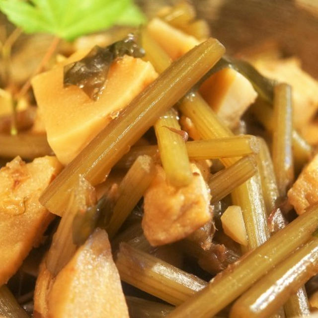 ■晩ご飯のおかず【竹の子と菜園蕗の甘辛炒め煮とスナップエンドウの卵綴じスープ】