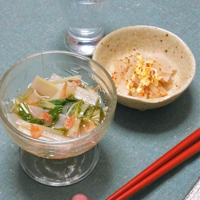 春のおうちのみ簡単作り置き小鉢2品は冷酒に合う〜うどと水菜の煮浸し。