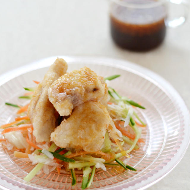 ノンオイルドレッシングでー揚げカジキマグロのサラダ仕立て。と、なすのおすすめ副菜。