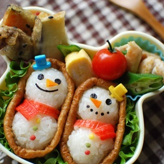 【簡単レシピ】冬弁☆雪だるまのお稲荷さん弁当