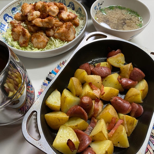 9.8☆夜ごはん☆鶏胸肉唐揚げ・ジャーマンポテト・焼き魚です。