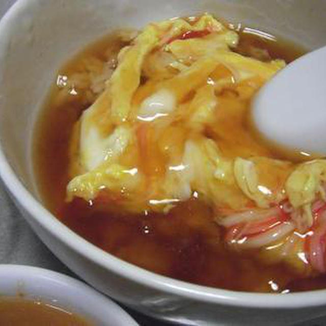 天津飯　野菜の粉砕スープ（バーミックス）　茹でエビチリ　山形のだしで冷奴