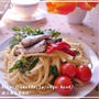 オイルサーディン春菊で創作パスタ♪いわしペペロンチーノ