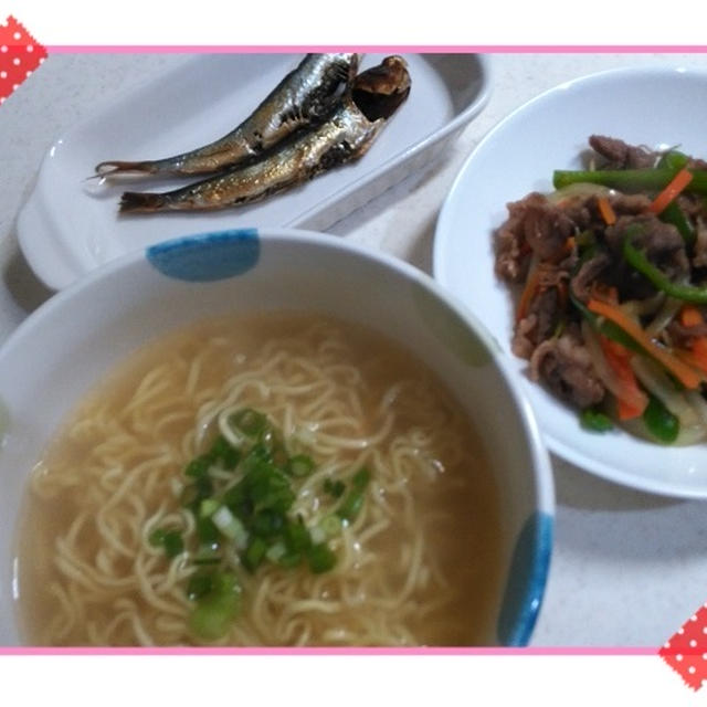 あっさり塩ラーメンと牛野菜焼きで晩御飯　/　ミニタオルスタイぴったりでした！