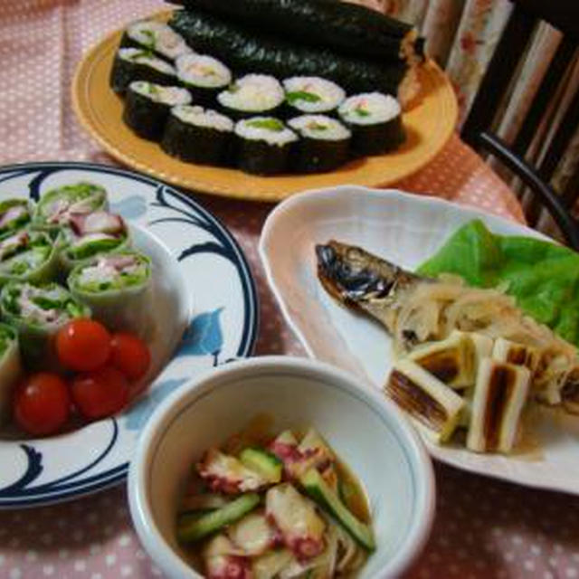 ☆節分の日のおうちごはん☆恵方巻き、いわしの丸干しと焼きねぎの土佐酢マリネ他