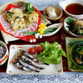 【続・日本の朝ご飯定食の「全貌」です♪】焼き魚はメザシ／茄子とMIX豆の天麩羅／野菜の味噌汁です♪ by あきさん